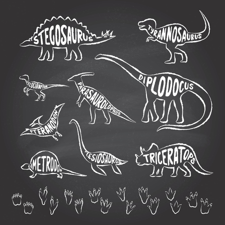 Set of white dinosaurs outlines with lettering and footprints on a chalkboard background. Vector illustrationのイラスト素材