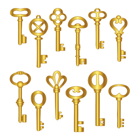 Keys icons set, isolated. Closing and opening doors. Gold keys signs and symbols collection. Locking and unlocking doors vintage keys pictogram, vector illustration.のイラスト素材