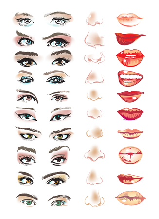 Face constructor with eyes, lips and noses. Colorful hand drawn set.のイラスト素材
