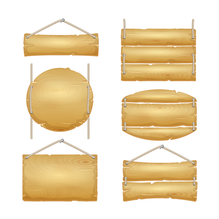 Set of wooden signboards with rope. Cartoon wood plank signs.のイラスト素材