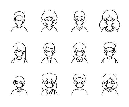 People in medical mask line outline icon set of avatar vector illustration. Young, adult man and woman userのイラスト素材