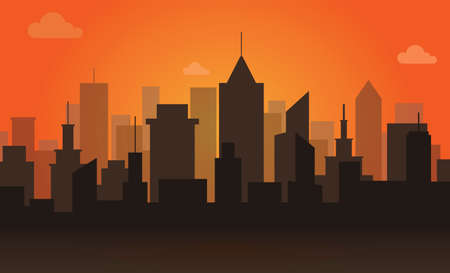 Scene of city building on orange sky backgroundのイラスト素材