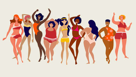 Multiracial women of different height, figure type and size dressed in swimsuits dancing anfd standing in rowのイラスト素材