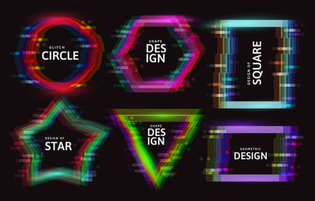Vector frames with glitch tv distortion effect and a place for text, geometric shapes star, triangle, circle, square, rhombusのイラスト素材