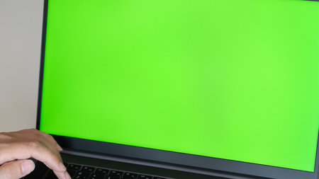 Woman using laptop, workplace at home with green screen. Woman lifestyle conceptの写真素材