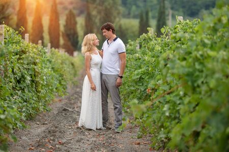 Happy young couple cuddling holding hands while walking through the vineyard.の写真素材