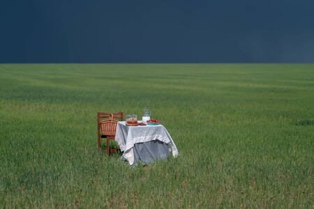 Still life with bread and milk on a table in the middle of a green field and blue sky.の写真素材