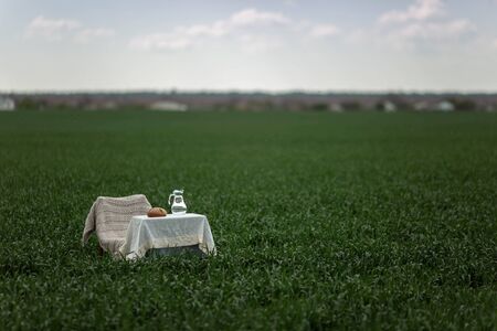 Still life with bread and milk on a table in the middle of a green field and blue sky.の写真素材