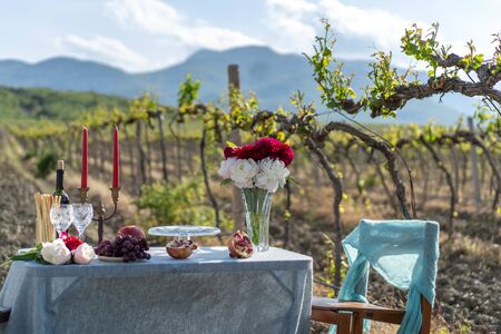 A beautifully decorated table with candles in the middle of the vineyards.の写真素材
