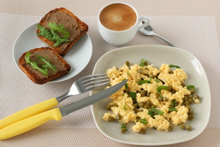 omelet with toasts and a cup of coffee