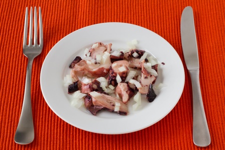 salad with octopus on the white plateの写真素材