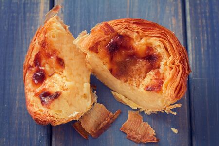 traditional portuguese cookies pasteis de nata on blue wooden background