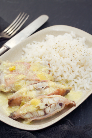 boiled fish with boiled rice and sauce on plateの写真素材