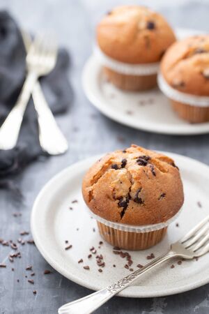 muffins with chocolate on white dish on ceramic backgroundの写真素材