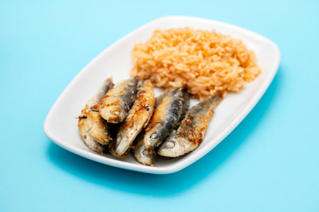 fried small sardines with tomato rice on white dish on blue backgroundの写真素材