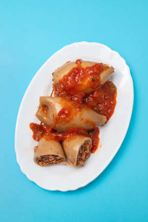 stuffed squids with sauce on white dish on blue