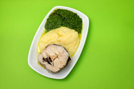boiled fish with mashed potato and spinach on white dish on green paperの写真素材