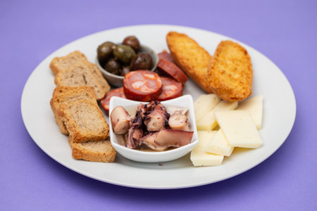 toasts with chorizo, cheese and olives on small dishの写真素材