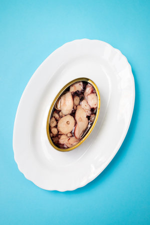 octopus with oil in iron boxの写真素材