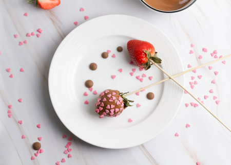 Strawberry and chocolate on white plate with heart shaped sprinklesの写真素材