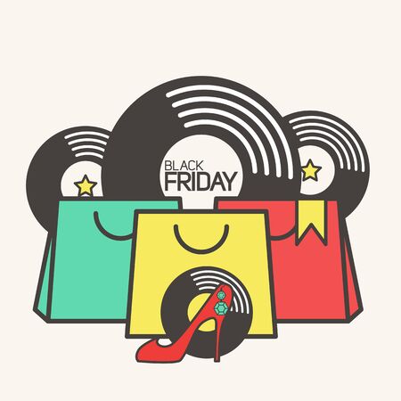 Simple banner for Black Friday style flat with shopping bags and vinyl recordsのイラスト素材