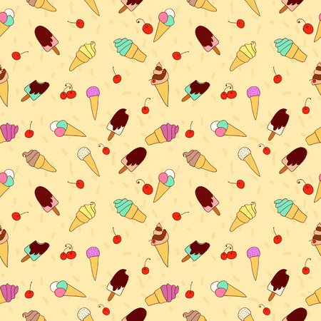 Seamless pattern of ice cream, ice lollies, waffle cones and cherryのイラスト素材