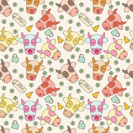 Seamless cheerful pattern of cows muzzles of different emotionsのイラスト素材