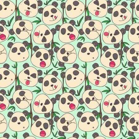 Seamless cheerful pattern of pandas muzzles of different emotionsのイラスト素材