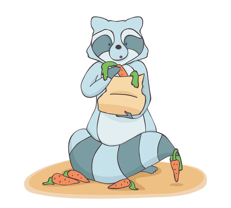 Hand drawn raccoon gaining the carrots in the package. He was surprised that it foundのイラスト素材