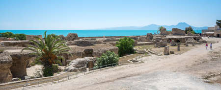 Archaeological excavations. View of Carthage in Tunisia, the road and the Mediterranean Sea. Panoramaの写真素材