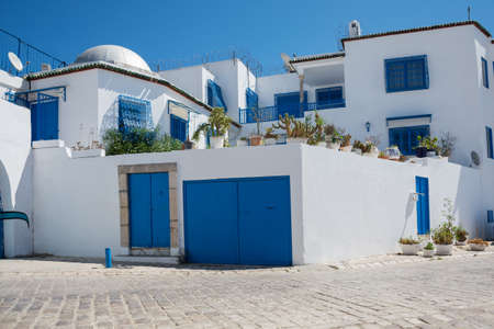 Sidi Bou Said. Tunisia. Houses and streets of the magical blue and white city. view of the facade of the house. windows and doorsの写真素材