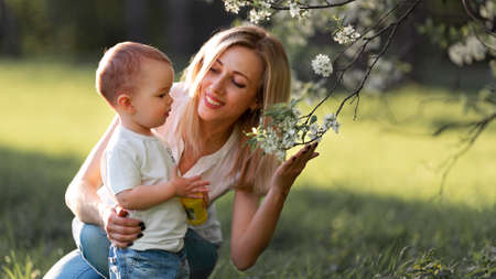 Mom shows the child a branch of a blossoming treeの写真素材