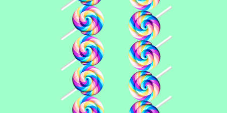 Summer bright mint background with rainbow lollipopsの写真素材