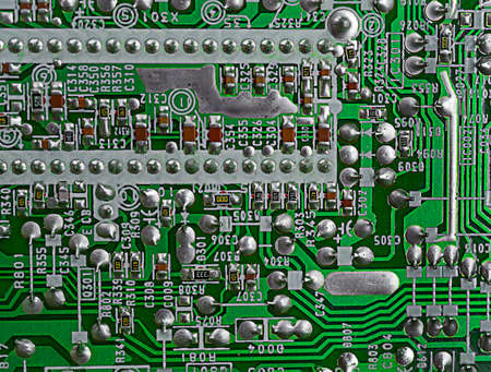 Microcircuit green close up with soft focus top view, computer modern technologyの写真素材