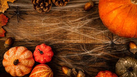 different small pumpkins, cones, acorns and spider web with spiders on a wooden background with copy space top view, background for the holiday Halloweenの写真素材