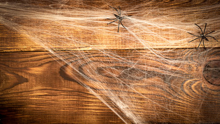 Wooden background covered with spider webs with black spiders and copy space, halloween holiday conceptの写真素材