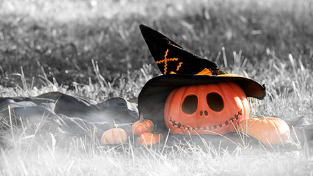 Pumpkin head Jack-o-lantern close-up and orange autumn pumpkins, still life in nature in the sunlight glare, on black and white background for Halloweenの写真素材