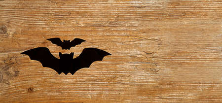 Big and small black bats on a brown wooden background with copy spaceの写真素材