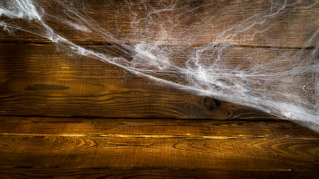 Wooden background covered with spider webs with black spiders and copy space, halloween holiday conceptの写真素材