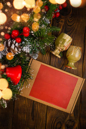 Gift under the tree top view with copy spaceの写真素材