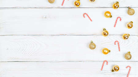 Christmas background on white wooden background with copy space, top view for postcards and gift bagsの写真素材