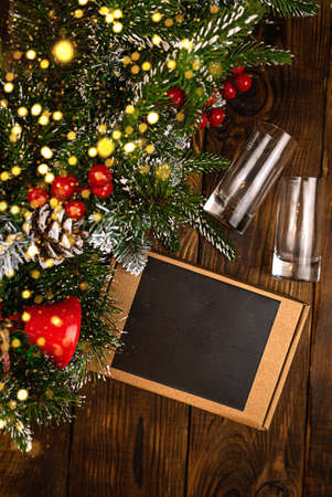 Gift under the tree top view with copy spaceの写真素材