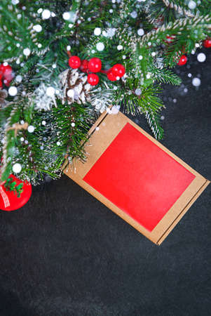 Gift under the tree top view with copy spaceの写真素材