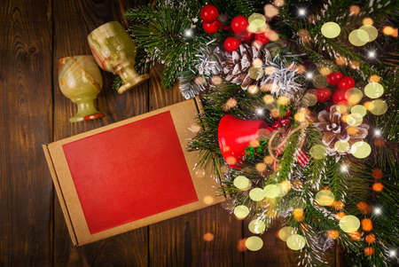 Gift under the tree top view with copy spaceの写真素材