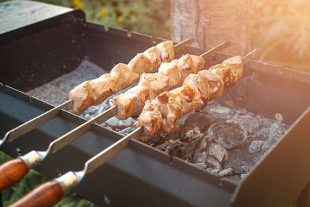 Juicy skewers on the grill, made on coalsの写真素材