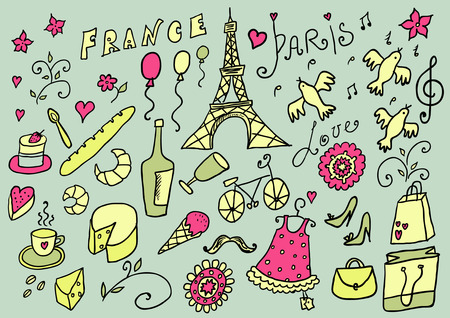 France hand drawn color setのイラスト素材