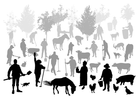 Silhouettes of people and animals on the farmのイラスト素材