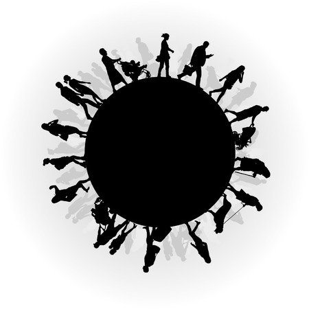 Silhouettes of people walking around the globeのイラスト素材