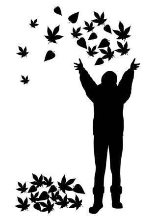 Girl with autumn leaves silhouettesのイラスト素材