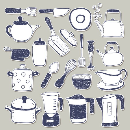 Hand draw kitchen utensils sketch sticker collectionのイラスト素材